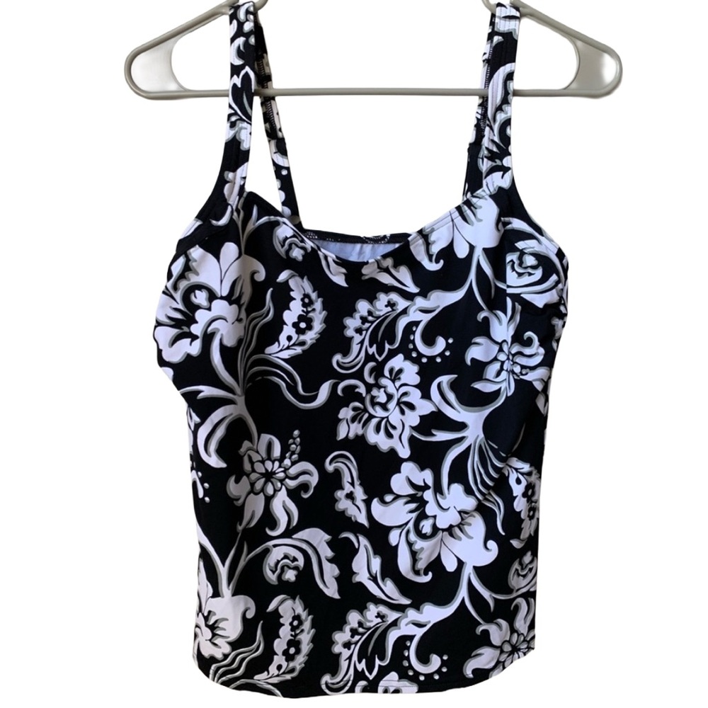 LANDS’ END Women’s Black White Floral Print Nylon Spandex Tankini Swim Top